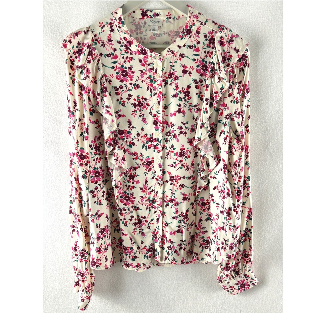J.Crew Floral Ruffle Front Button Up Blouse Ivory Pink Womens Medium Cottage